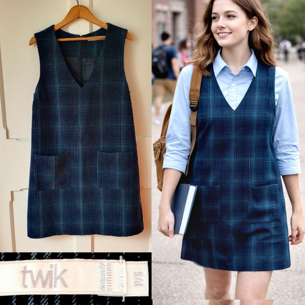 TWIK Plaid Pinafore Dress Navy Blue Teal Academia Layering Jumper Dress Small - Picture 1 of 14